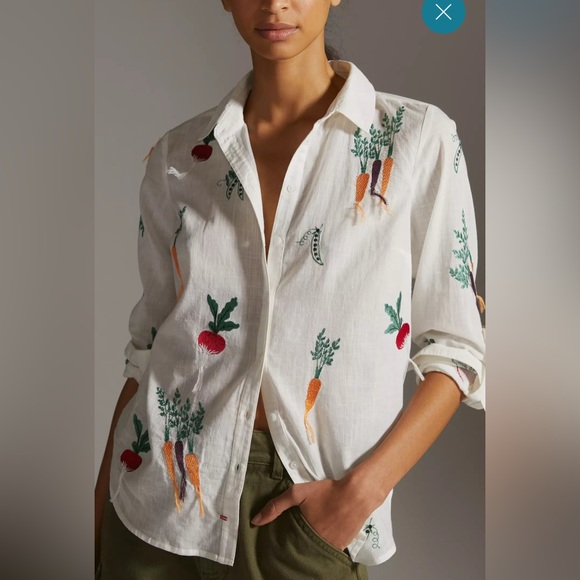 Maeve Rare Veggie Embroidered Button Down Shirt Size 2 - Picture 2 of 13